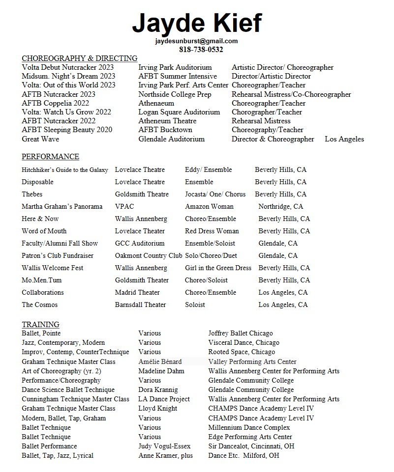 Jayde Kief Performance Resume Jan 2024